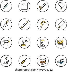 line vector icon set - thermometer vector, floor scales, saw, fretsaw, trowel, level, clamp, metal hacksaw, drill machine, multimeter, jig, welding, awl, drum, horn toy