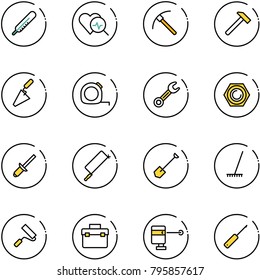 line vector icon set - thermometer vector, heart diagnosis, rock axe, hammer, trowel, measuring tape, wrench, nut, clinch, metal hacksaw, shovel, rake, paint roller, tool box, laser lever, awl
