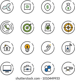 line vector icon set - three leafs vector, safe, money bag, phone horn, target, home dollar, business idea, flying man, identity card, monitor, case, atom core, pipe welding