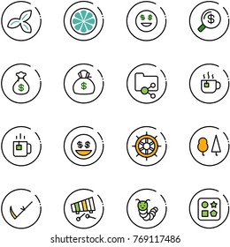 line vector icon set - three leafs vector, lemon slice, dollar smile, money search, bag, shared folder, hot tea, green, hand wheel, forest, scythe, xylophone, toy caterpillar, cube hole