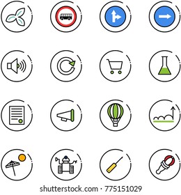 line vector icon set - three leafs vector, no bus road sign, only forward right, volume max, reload, cart, flask, agreement, speaker horn, air balloon, growth, beach, robot, awl, beanbag