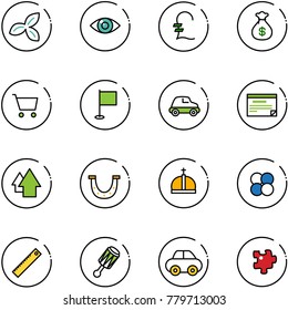 line vector icon set - three leafs vector, eye, pound, money bag, cart, flag, car, schedule, arrow up, luck, crown, atom core, ruler, puzzle