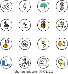 line vector icon set - three leafs vector, carrot, broccoli, spica, flower pot, sproute, pineapple, palm, tulip, forest, water power plant, wind mill, machine tool