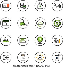 line vector icon set - ticket vector, coin, money bag, card pay, cursor browser, user password, refresh cloud, target, attainment, schedule, tree, career, solution, star man, identity