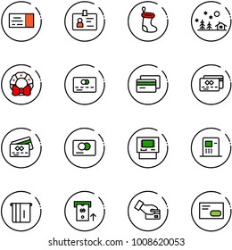 line vector icon set - ticket vector, identity, christmas sock, landscape, wreath, credit card, atm, pay, envelope