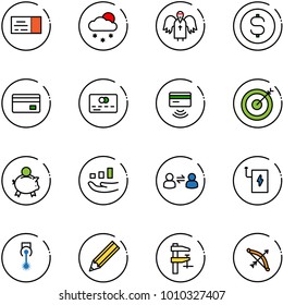 line vector icon set - ticket vector, snowfall, angel, dollar coin, credit card, tap pay, target, piggy bank, growth, information exchange, power, laser, pencil, clamp, bow