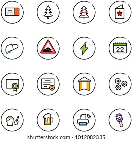 line vector icon set - ticket vector, christmas tree, star postcard, liver, steep descent road sign, lightning, calendar, certificate, pennant, flower, bucket scoop, beer, printer wireless, beanbag