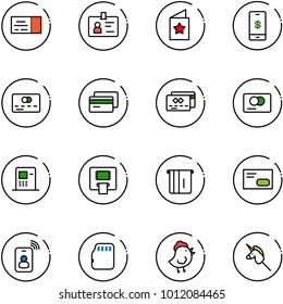 line vector icon set - ticket vector, identity, star postcard, mobile payment, credit card, atm, envelope, micro flash, chicken toy, unicorn stick