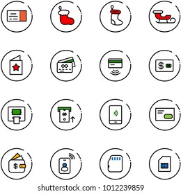 line vector icon set - ticket vector, christmas sock, sleigh, star postcard, credit card, tap pay, atm, mobile payment, envelope, finance management, identity, micro flash, sim