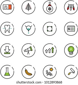 line vector icon set - ticket vector, christmas tree, ball, garland, tooth, bladder, currency, finance calendar, download, telescope, arrows up, idea, flask, banana, beach, paint roller