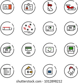 line vector icon set - ticket vector, identity, christmas sock, sleigh, sale, credit card, tap pay, exchange, atm, finance management, sim, chicken toy