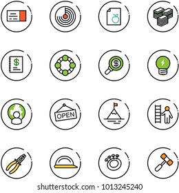 line vector icon set - ticket vector, radar, diet list, big cash, annual report, friends, search money, idea, man globe, open, mountain, opportunity, pliers, construction helmet, beanbag, toy hammer