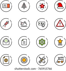 line vector icon set - ticket vector, christmas tree, star, hat, firework rocket, turkey, cash, attention road sign, opened mail, document, gear, award, certificate, sun, wrench screwdriver