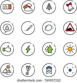 line vector icon set - ticket vector, clouds, christmas tree, bell, merry message, scalpel, lemon, steep descent road sign, like, lightning, arrow up, sun, pyramid, piston, chevron, record button