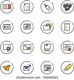 line vector icon set - ticket vector, diet list, medical label, big cash, finance calendar, statistics report, folder, document, certificate, envelope, book, paper fly, wireless mail, terms plan