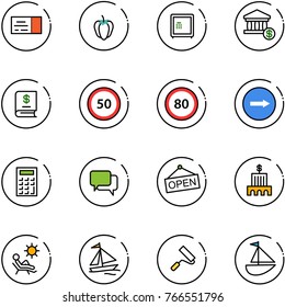 line vector icon set - ticket vector, sweet pepper, safe, account, annual report, speed limit 50 road sign, 80, only right, calculator, dialog, open, bank building, beach, sail boat, paint roller