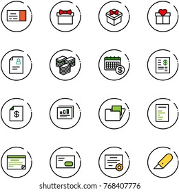 line vector icon set - ticket vector, gift, patient card, big cash, calendar, account statement, statistics report, folder, document, schedule, envelope, certificate, work knife