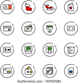 line vector icon set - ticket vector, christmas sock, sleigh, star postcard, credit card, tap pay, atm, envelope, finance management, photo, sim
