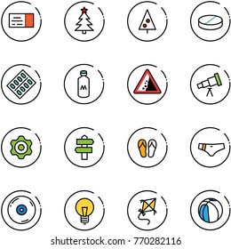 line vector icon set - ticket vector, christmas tree, pill, pills blister, milk, landslide road sign, telescope, gear, signpost, flip flops, swimsuit, cd, bulb, kite, basketball