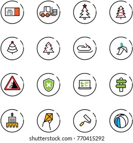 line vector icon set - ticket vector, fork loader, christmas tree, snowmobile, banana, landslide road sign, shield cross, statistics monitor, signpost, bank building, kite, paint roller, basketball