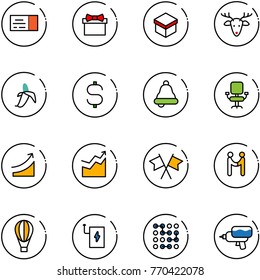 line vector icon set - ticket vector, gift, christmas deer, banana, dollar sign, bell, office chair, rise, growth, flags cross, agreement, air balloon, power bank, circuit, water gun
