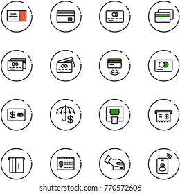 line vector icon set - ticket vector, credit card, tap pay, insurance, atm, receipt, finance calendar, identity