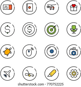 line vector icon set - ticket vector, passport, helicopter, gift, dollar sign, coin, target, office chair, sea turtle, mouse wireless, cd, camera, plane, lawn mower, work knife, gear