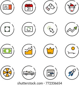 line vector icon set - ticket vector, 31 dec calendar, dog, christmas deer hat, currency, card exchange, cursor, growth arrow, money, crown, lounger, parasol, cabrio, terms plan, rocket