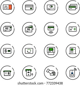 line vector icon set - ticket vector, credit card, tap pay, exchange, atm, receipt, identity