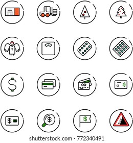 line vector icon set - ticket vector, fork loader, christmas tree, angel, floor scales, pills blister, dollar, credit card, tap pay, money search, flag, landslide road sign
