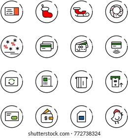 line vector icon set - ticket vector, christmas sock, sleigh, wreath, sale, credit card, tap pay, exchange, atm, envelope, finance management, sim, chicken toy