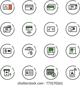 line vector icon set - ticket vector, credit card, tap pay, insurance, atm, finance calendar, identity