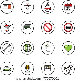line vector icon set - ticket vector, terrorism, christmas ball, 25 dec calendar, deer hat, credit card, prohibition road sign, no bus, limit, globe, hand touch, heart, car, microphone, tool box