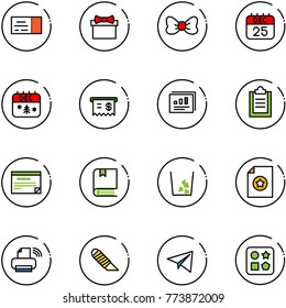 line vector icon set - ticket vector, gift, bow, 25 dec calendar, christmas, receipt, statistics report, clipboard, schedule, book, garbage, certificate, printer wireless, work knife, paper plane