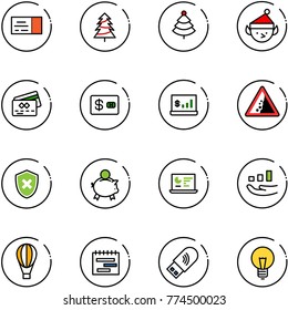 line vector icon set - ticket vector, christmas tree, elf, credit card, account statistics, landslide road sign, shield cross, piggy bank, monitor, growth, air balloon, terms plan, usb wi fi, bulb