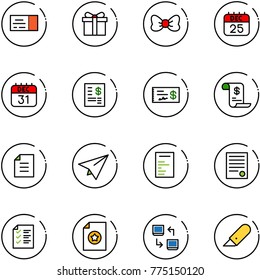 line vector icon set - ticket vector, gift, bow, 25 dec calendar, 31, account statement, check, history, document, paper plane, agreement, list, certificate, data exchange, work knife