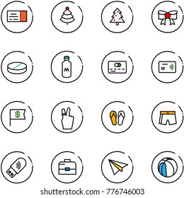 line vector icon set - ticket vector, christmas tree, bow, pill, milk, credit card, tap pay, dollar flag, victory, flip flops, swimsuit, usb wi fi, case, paper plane, basketball