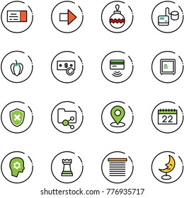 line vector icon set - ticket vector, right arrow, christmas ball, tonometer, sweet pepper, cash, tap pay, safe, shield cross, shared folder, map pin, calendar, brain work, chess tower, jalousie