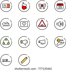 line vector icon set - ticket vector, christmas glove, bow, 25 dec calendar, snowmobile, first aid kit, artificial unevenness road sign, volume max, social, dislike, loudspeaker, key hand, swimming