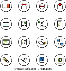 line vector icon set - ticket vector, gift, schedule, account statement, history, document, list, mat, data exchange, work knife, paper plane, abc book, cube hole toy