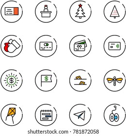 line vector icon set - ticket vector, recieptionist, christmas tree, gloves, credit card, tap pay, dollar sun, flag, flip flops, dragonfly, kite, terms plan, paper plane, yoyo