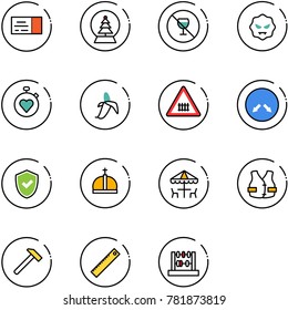 line vector icon set - ticket vector, snowball tree, no alcohol sign, virus, stopwatch heart, banana, railway intersection road, detour, shield check, crown, outdoor cafe, life vest, hammer, ruler