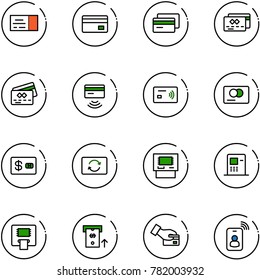line vector icon set - ticket vector, credit card, tap pay, exchange, atm, identity
