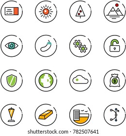 line vector icon set - ticket vector, sun, christmas tree, mountains, eye, eggplant, gear, unlocked, shield, globe, cloud, money bag, pennant, gold, hotel, bezier