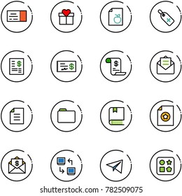 line vector icon set - ticket vector, gift, diet list, medical label, account statement, check, history, opened mail, document, folder, book, certificate, dollar, data exchange, paper plane