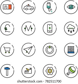 line vector icon set - ticket vector, safety car, drop counter, eye, pound, monero, mobile payment, money rain, cart, paper plane, standby, binary code, hammer, stapler, gear, beanbag