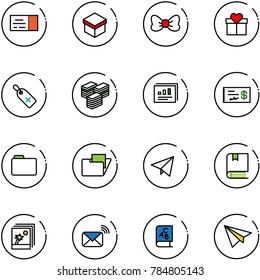 line vector icon set - ticket vector, gift, bow, medical label, big cash, statistics report, check, folder, paper fly, book, photo, wireless mail, abc, plane