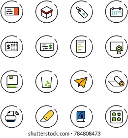 line vector icon set - ticket vector, gift, medical label, schedule, finance calendar, check, document, certificate, book, garbage, paper fly, mat, printer wireless, work knife, abc, cube hole toy