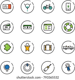 line vector icon set - ticket vector, bladder, bike, mobile payment, credit card, cash, website, lifebuoy, puzzle, success, suitcase, cabrio, globe, standby button, screwdriver, doll