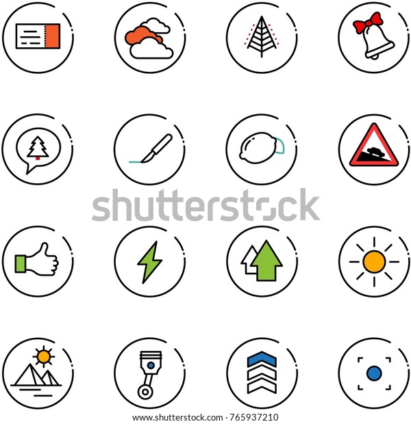 line vector icon set - ticket vector, clouds,\
christmas tree, bell, merry message, scalpel, lemon, steep descent\
road sign, like, lightning, arrow up, sun, pyramid, piston,\
chevron, record button
